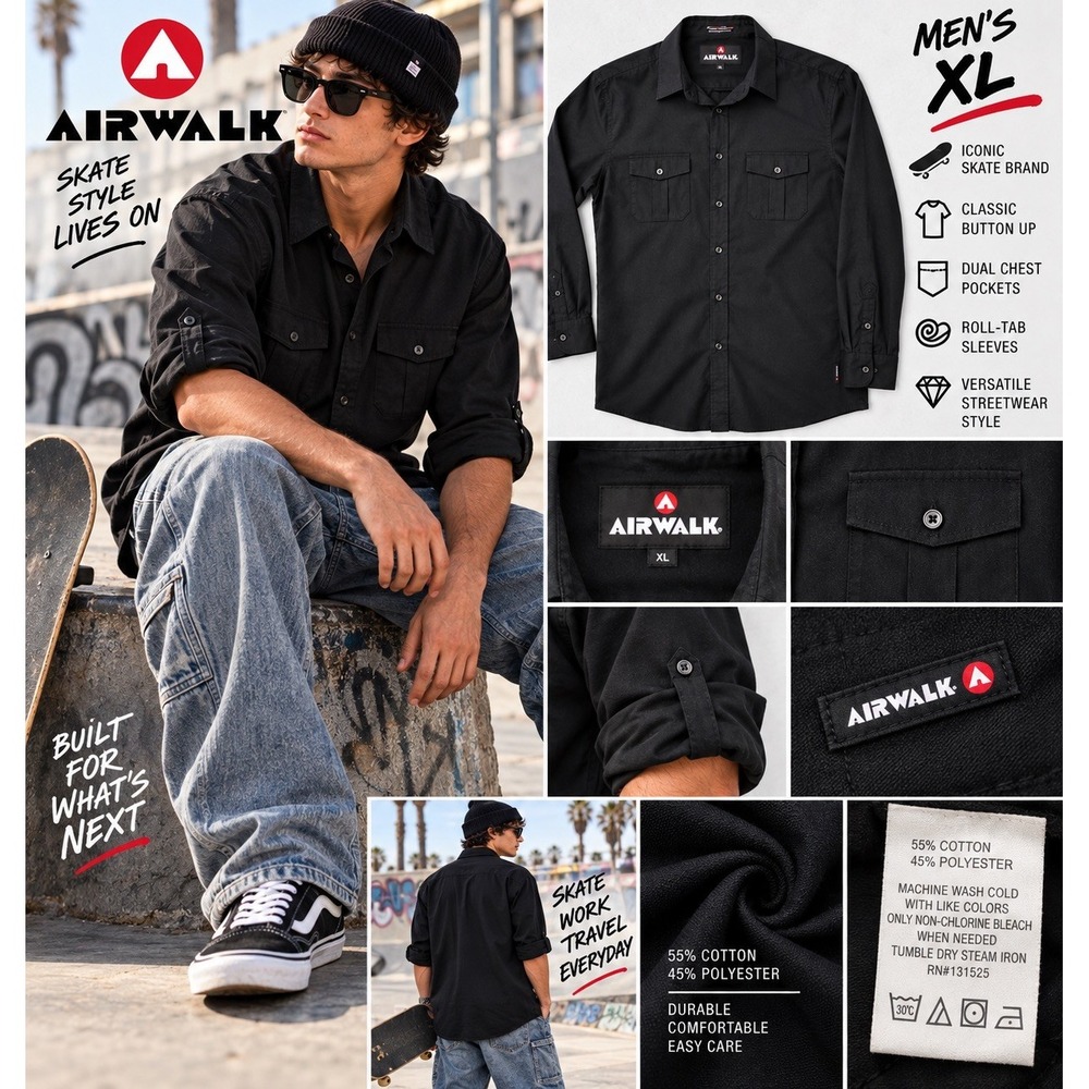 Airwalk Black Button Up Shirt Skate Skater Y2K Streetwear Roll Tab Mens XL